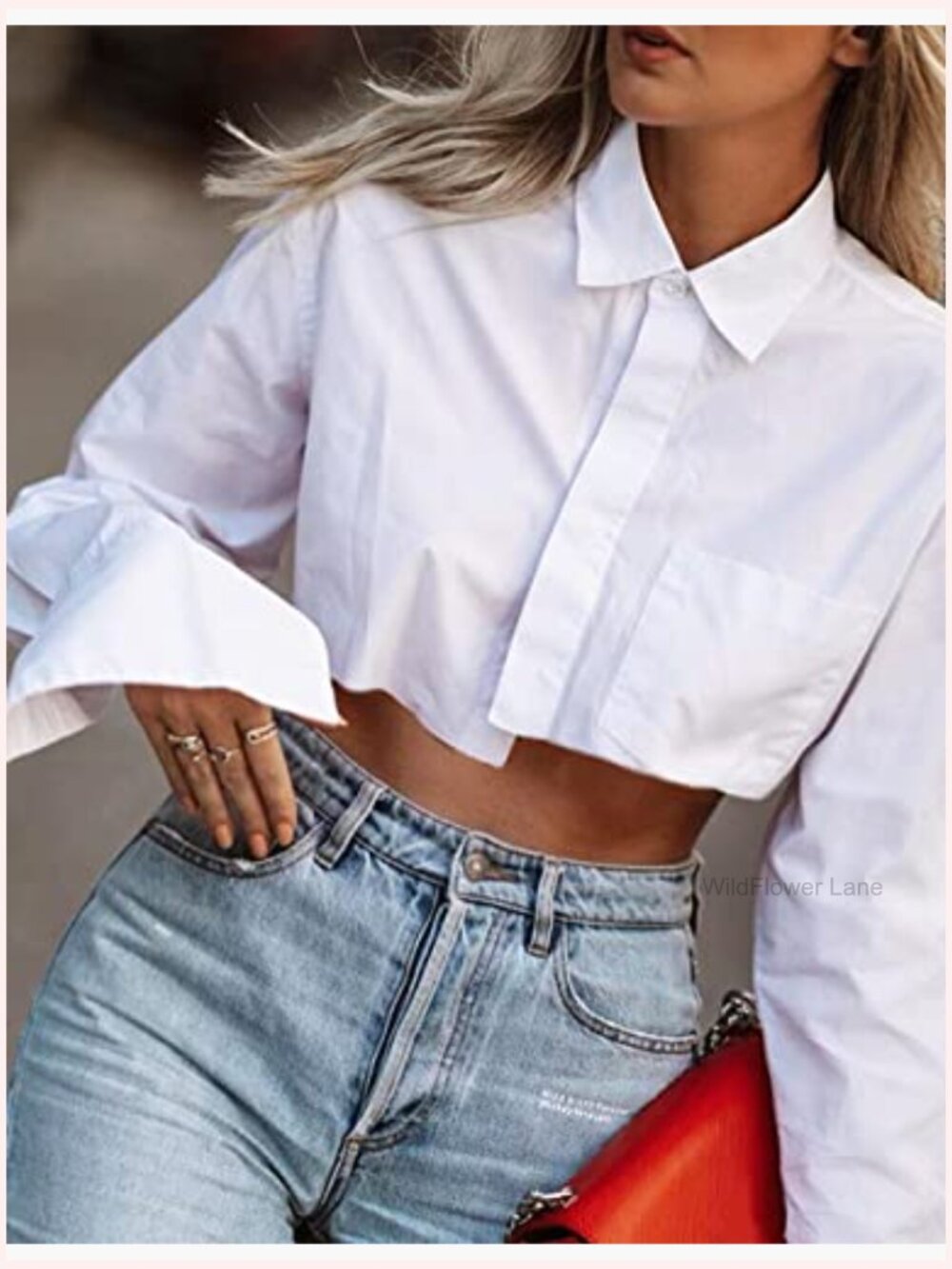 Long Sleeve Button Down Crop Blouse Loose Fit Irregular Hem Top - Picture 4 of 7